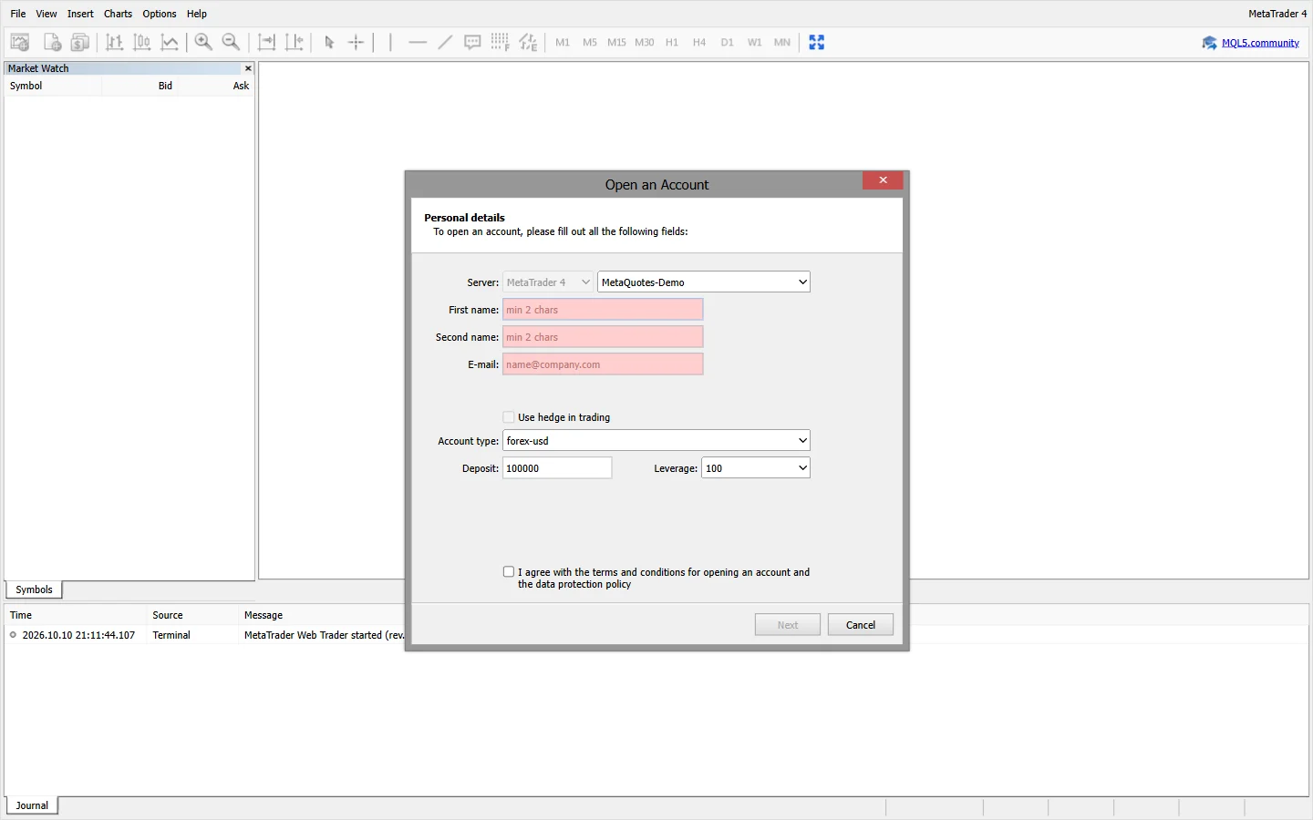 การเปิดบัญชีเดโมในเทอร์มินัลเว็บ MetaTrader